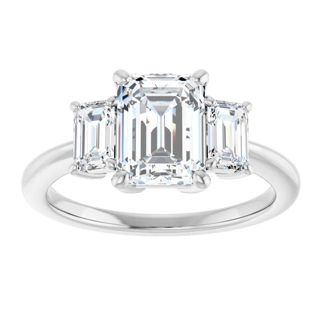 Emerald White Gold Tri Stone Moissanite Engagement Ring