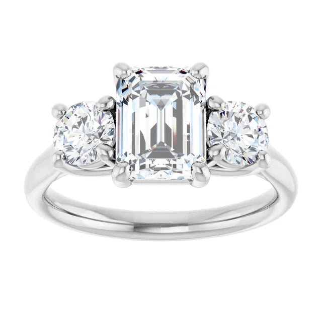 Emerald White Gold Tri Stone Moissanite Engagement Ring