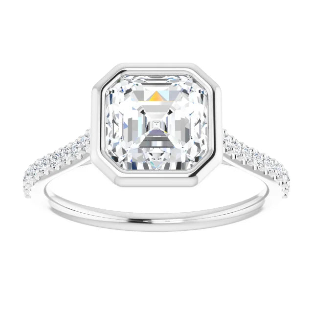 Asscher White Gold Bezel Pave Moissanite Engagement Ring
