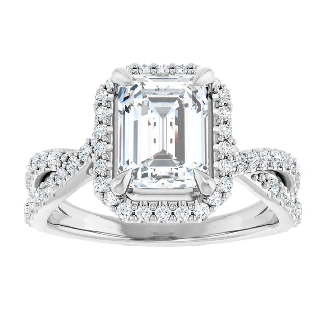 Emerald White Gold Twist Band Halo Moissanite Engagement Ring
