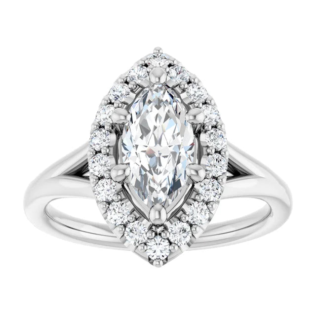 Marquise White Gold Halo Solitaire Split Band Moissanite Engagement