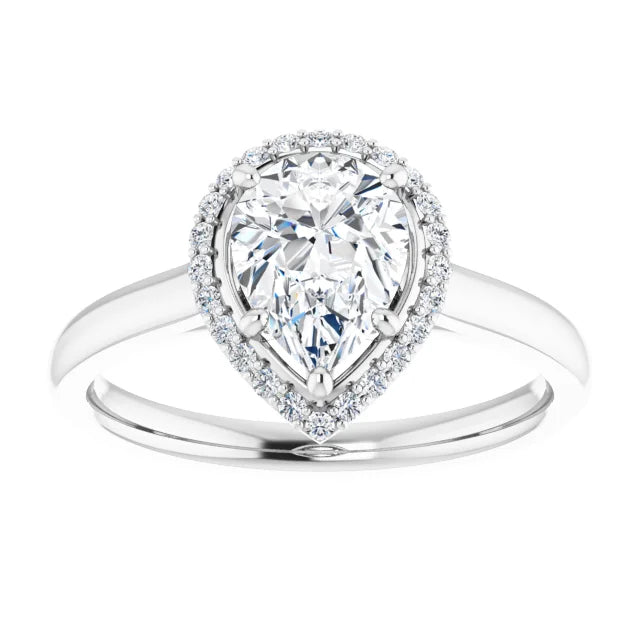 White Gold Pear Halo Solitaire Engagement Ring. Moissanite