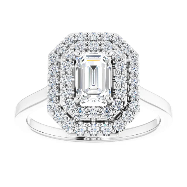 Emerald White Gold Double Halo Solitaire Moissanite Engagement Ring