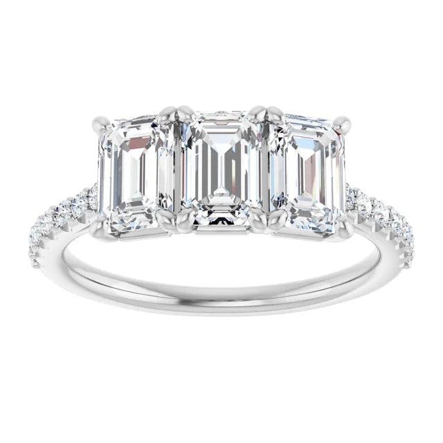 Emerald White Gold Tri Stone Moissanite Engagement Ring