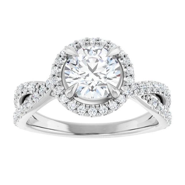 Round Brilliant White Gold Twist Band Halo Moissanite Engagement Ring