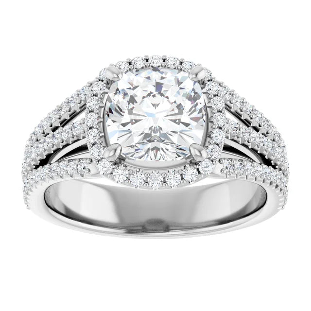 Cushion White Gold Halo Split Pave Moissanite Engagement Ring