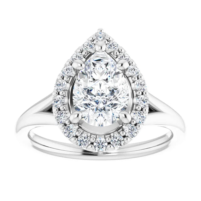 Pear White Gold Halo Solitaire Split Band Moissanite Engagement Ring