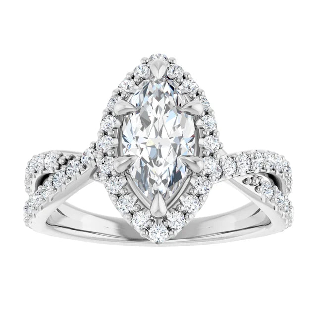 Marquise White Gold Twist Band Halo Moissanite Engagement Ring