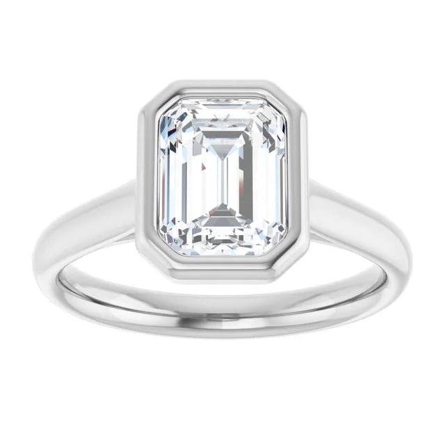 Emerald White Gold Solitaire Bezel Moissanite Engagement Ring