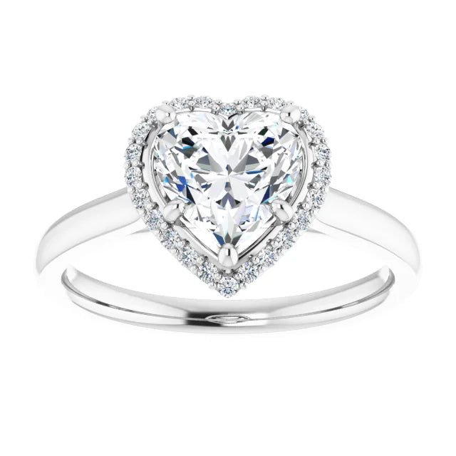 White Gold Heart Halo Solitaire Engagement Ring. Moissanite