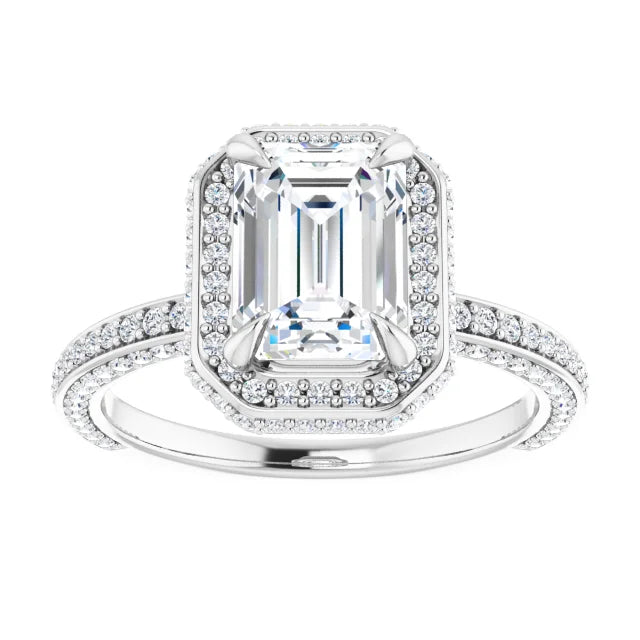 Emerald White Gold Halo Pave Style Moissanite Engagement Ring