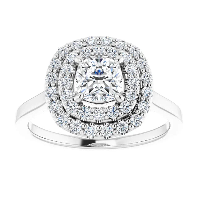 Cushion White Gold Double Halo Solitaire Moissanite Engagement Ring