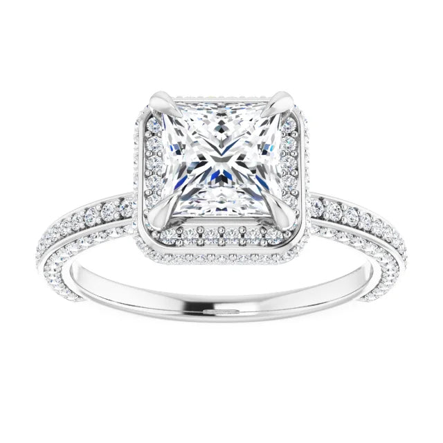 Princess White Gold Halo Pave Style Moissanite Engagement Ring