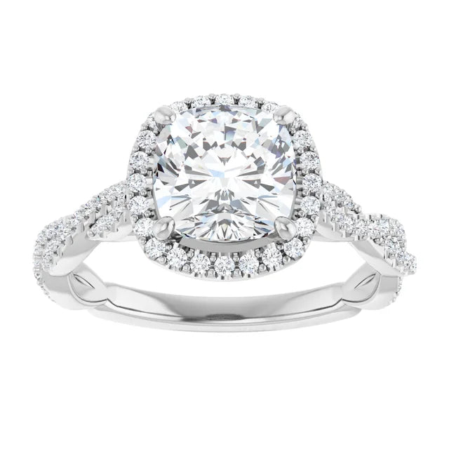 Cushion White Gold Halo Twist Pave Moissanite Engagement Ring