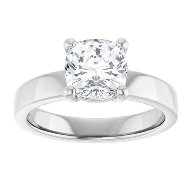 Cushion White Gold Wide Band Solitaire Moissanite Engagement Ring