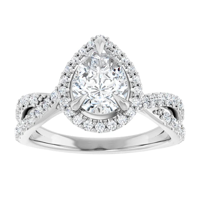 Pear White Gold Twist Band Halo Moissanite Engagement Ring
