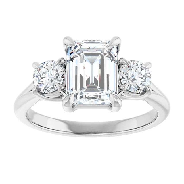 Emerald White Gold Tri Stone Moissanite Engagement Ring