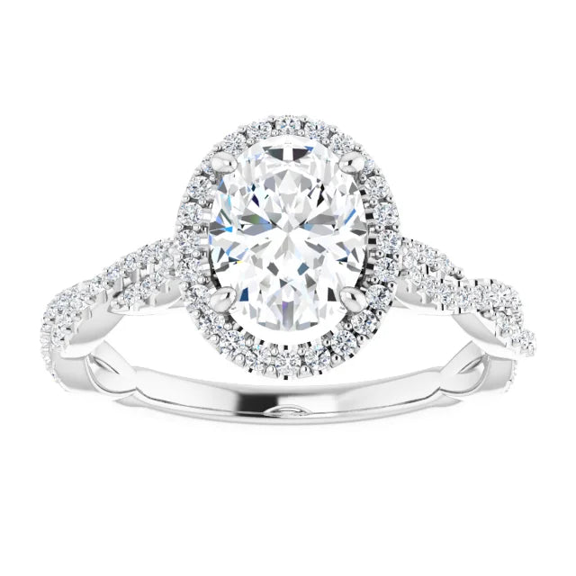 Oval White Gold Halo Twist Pave Moissanite Engagement Ring