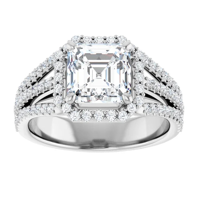 Asscher White Gold Halo Split Pave Moissanite Engagement Ring