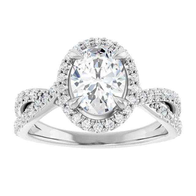 Oval White Gold Twist Band Halo Moissanite Engagement Ring