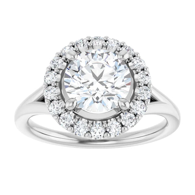 Round Brilliant White Gold Halo Solitaire Split Band Moissanite Engagement Ring