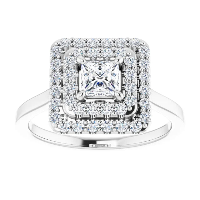 Princess White Gold Double Halo Solitaire Moissanite Engagement Ring
