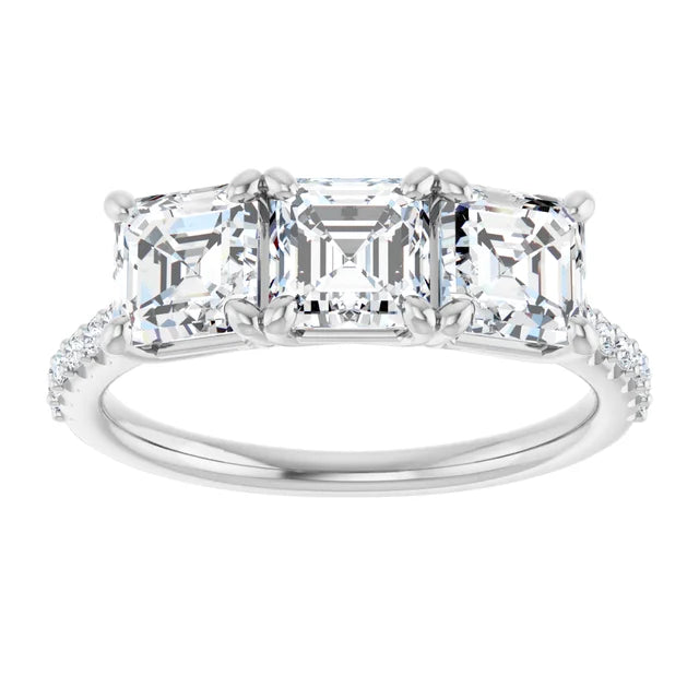 Cushion White Gold Tri Stone Moissanite Engagement Ring