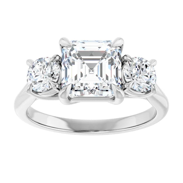 Asscher White Gold Tri Stone Moissanite Engagement Ring