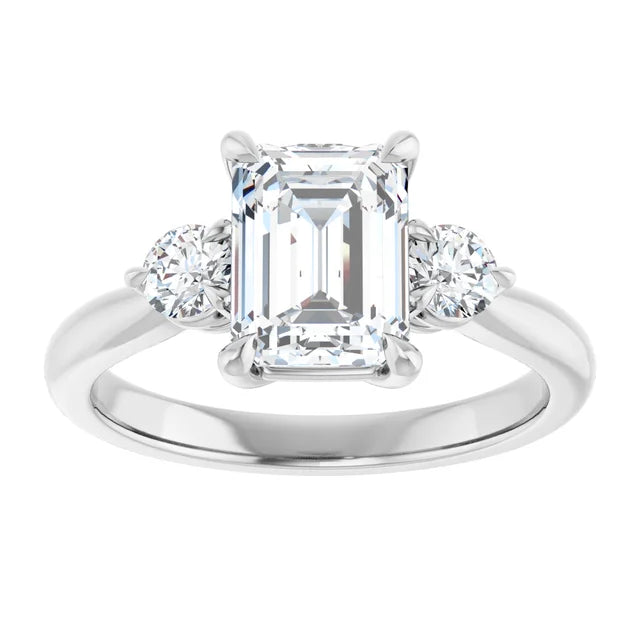 Emerald White Gold Tri Stone Moissanite Engagement Ring