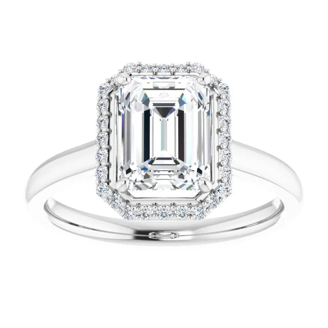 Emerald Halo Solitaire Moissanite Engagement Ring White Gold