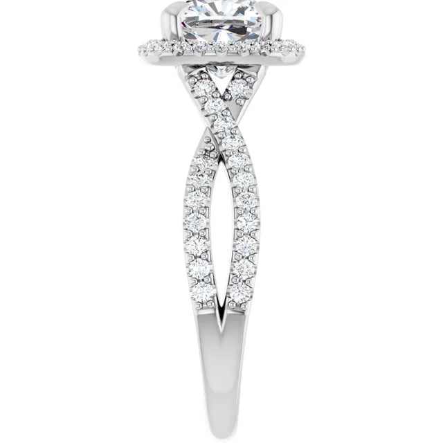 Cushion White Gold Twist Band Halo Moissanite Engagement Ring