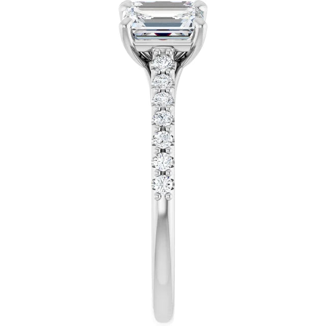 Emerald White Gold Tri Stone Moissanite Engagement Ring