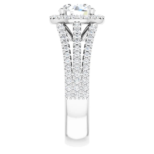 Round Brilliant White Gold Halo Split Pave Moissanite Engagement Ring