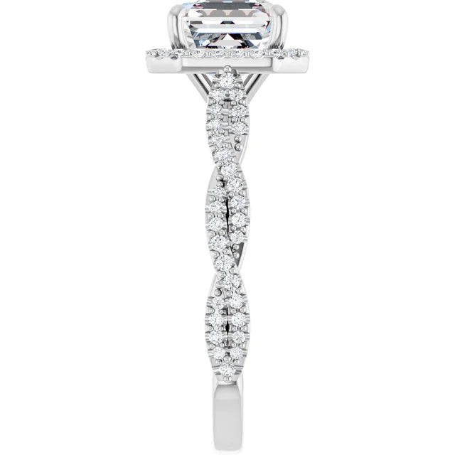 Asscher White Gold Halo Twist Pave Moissanite Engagement Ring