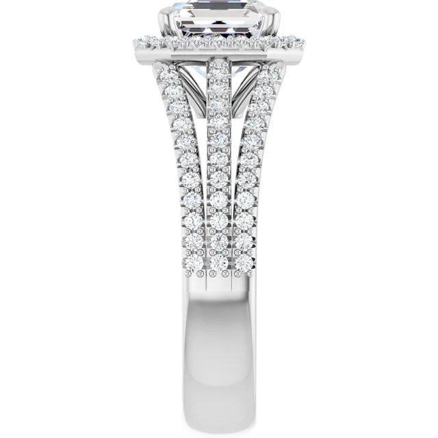 Asscher White Gold Halo Split Pave Moissanite Engagement Ring