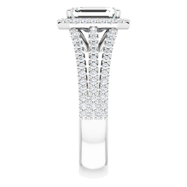 Emerald White Gold Halo Split Pave Moissanite Engagement Ring