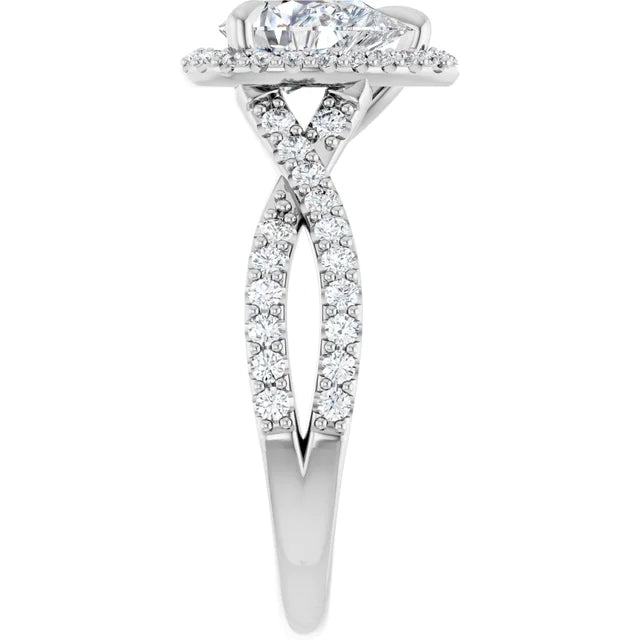 Pear White Gold Twist Band Halo Moissanite Engagement Ring