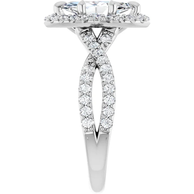 Marquise White Gold Twist Band Halo Moissanite Engagement Ring