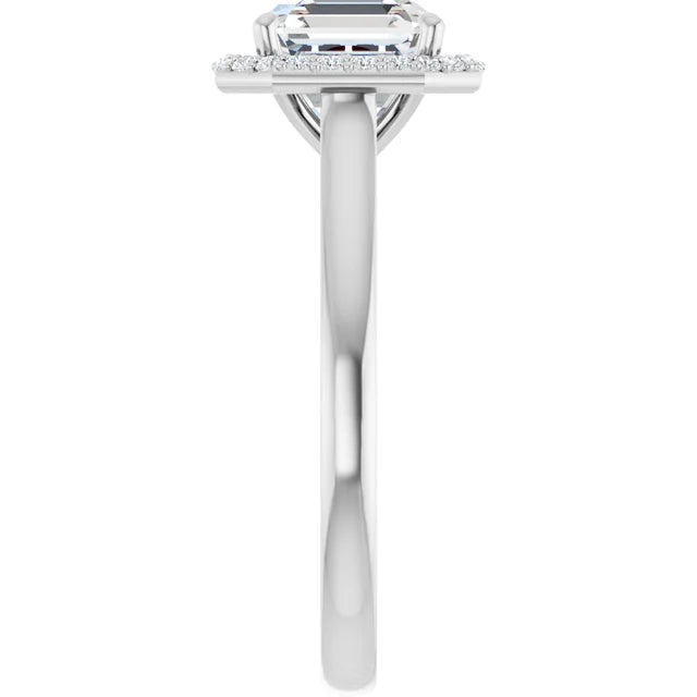 Asscher Halo Solitaire Engagement Ring White Gold. Moissanite