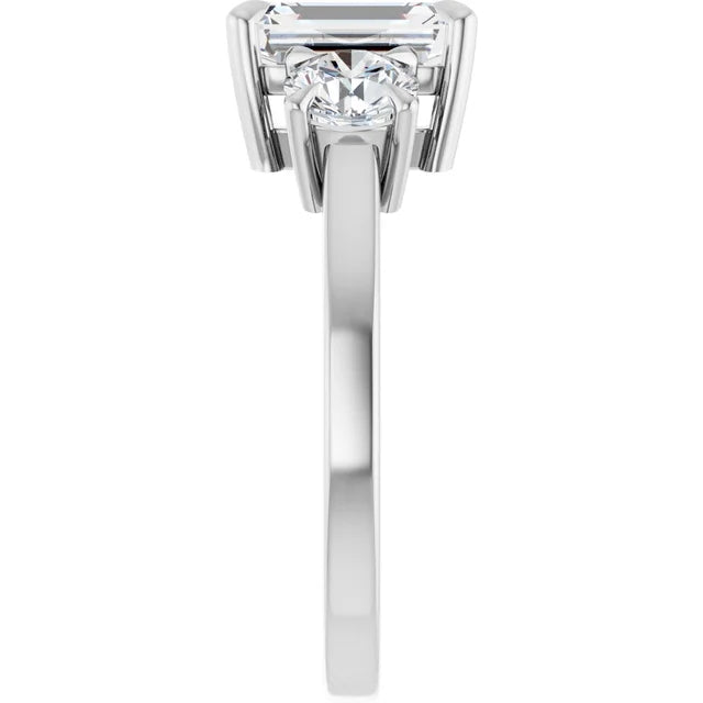 Emerald White Gold Tri Stone Moissanite Engagement Ring
