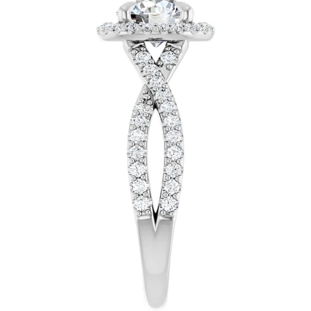 Round Brilliant White Gold Twist Band Halo Moissanite Engagement Ring