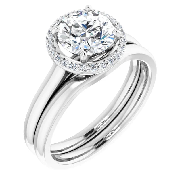 White Gold Round Brilliant Halo Solitaire Engagement Ring. With Wedding Ring. Moissanite