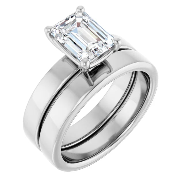 Emerald White Gold Wide Band Solitaire Moissanite Engagement Ring