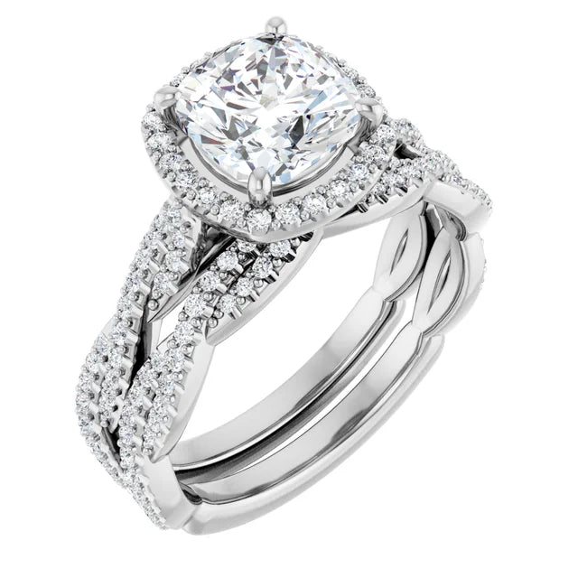 Cushion White Gold Halo Twist Pave Moissanite Engagement Ring