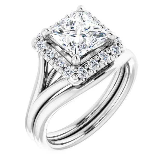 Princess White Gold Halo Solitaire Split Band Moissanite Engagement Ring