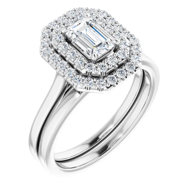 Emerald White Gold Double Halo Solitaire Moissanite Engagement Ring