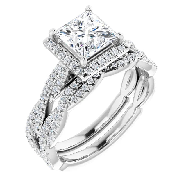Princess White Gold Halo Twist Pave Moissanite Engagement Ring