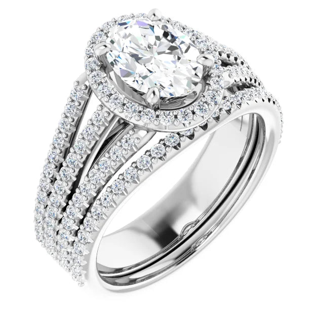 Oval White Gold Halo Split Pave Moissanite Engagement Ring