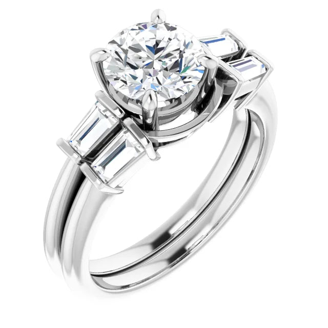 Round Brilliant White Gold Baguette Accent Moissanite Engagement Ring