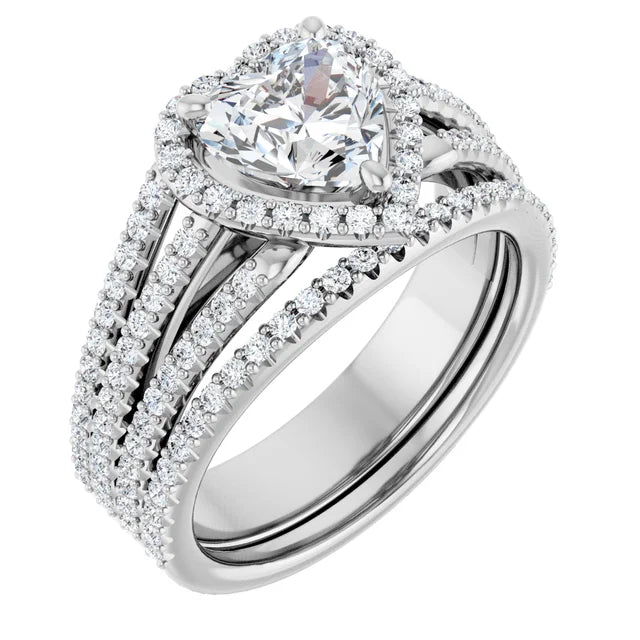 Heart White Gold Halo Split Pave Moissanite Engagement Ring